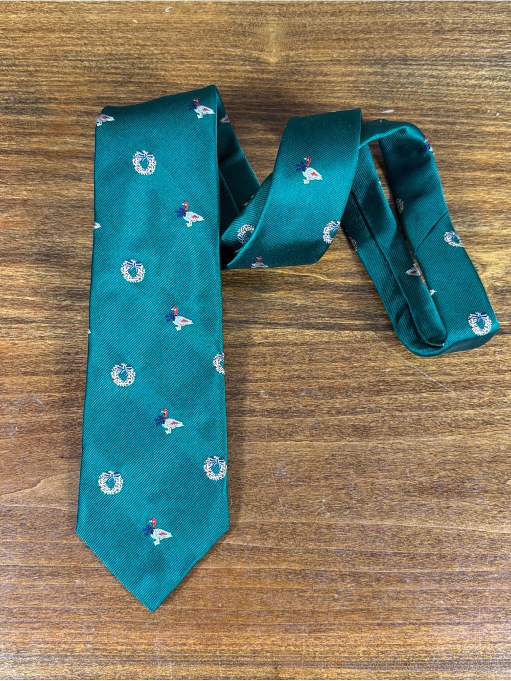 Lands End Men's Green Duck Wreath Silk Tie - Classic Green Necktie